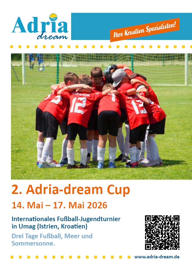 Flyer zum 2. Adria-dream Cup 2026 Fussball-Jugendturnier in Umag, Istrien (Kroatien)
